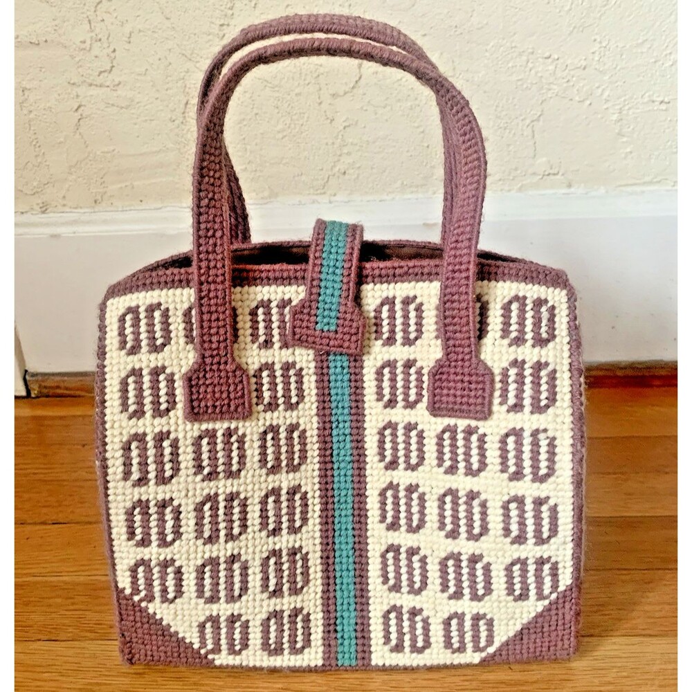 Vintage Needlepoint Tote Bag Monogram – Handmade Canvas Yarn Hippie Purse